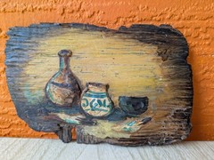 Original Oil Painting on Reclaimed Barn Wood Rustic Folk Art Still Life Pottery