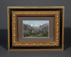 Antique German Romanticism Landscape, Ruins of a Castle in the Alps, Gouache