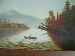 19th C. HUDSON RIVER SCHOOL Landscape w/Fisherman on Lake Oil Painting, Framed