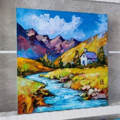 original oil painting Irish Cottage Mountain Landscape River wall art 8*8 inch