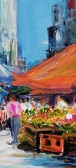 Original Abstract Expressionism Market Place 14 x 11 Acrylic Canvas Painting
