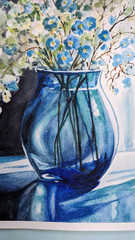 Floral Still Life Watercolor Painting Blue Forget-Me-Nots in Glass Vase Art A4