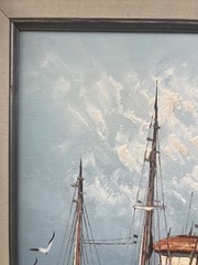 Original Oil Painting Art Fishing Boats Northern Harbor Seascape Signed W. Jones