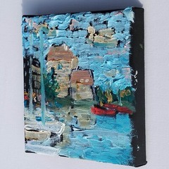 Original Oil Painting – Impressionist Harbor Scene – Small Canvas 12×12 cm – Wal