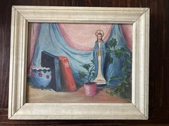 Mid Century Oil On Canvas Still Life; Virgin Mary w/Books & Plant; Framed 18×22”