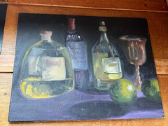 Vintage Original Oil Painting of Wine Bottle Chalice & Fruit Still Life Ready