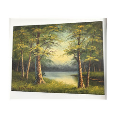 Vintage Cantrell Signed Landscape Forest Lake Trees Painting on Canvas 12×16”