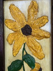 Mid Century 3D Impasto Folk Art Naive Sunflower Painting On Plywood Framed 24”H