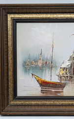 Original Oil Painting Signed Fleet Framed Harbor Scene Fishing Junk Sailing Boat