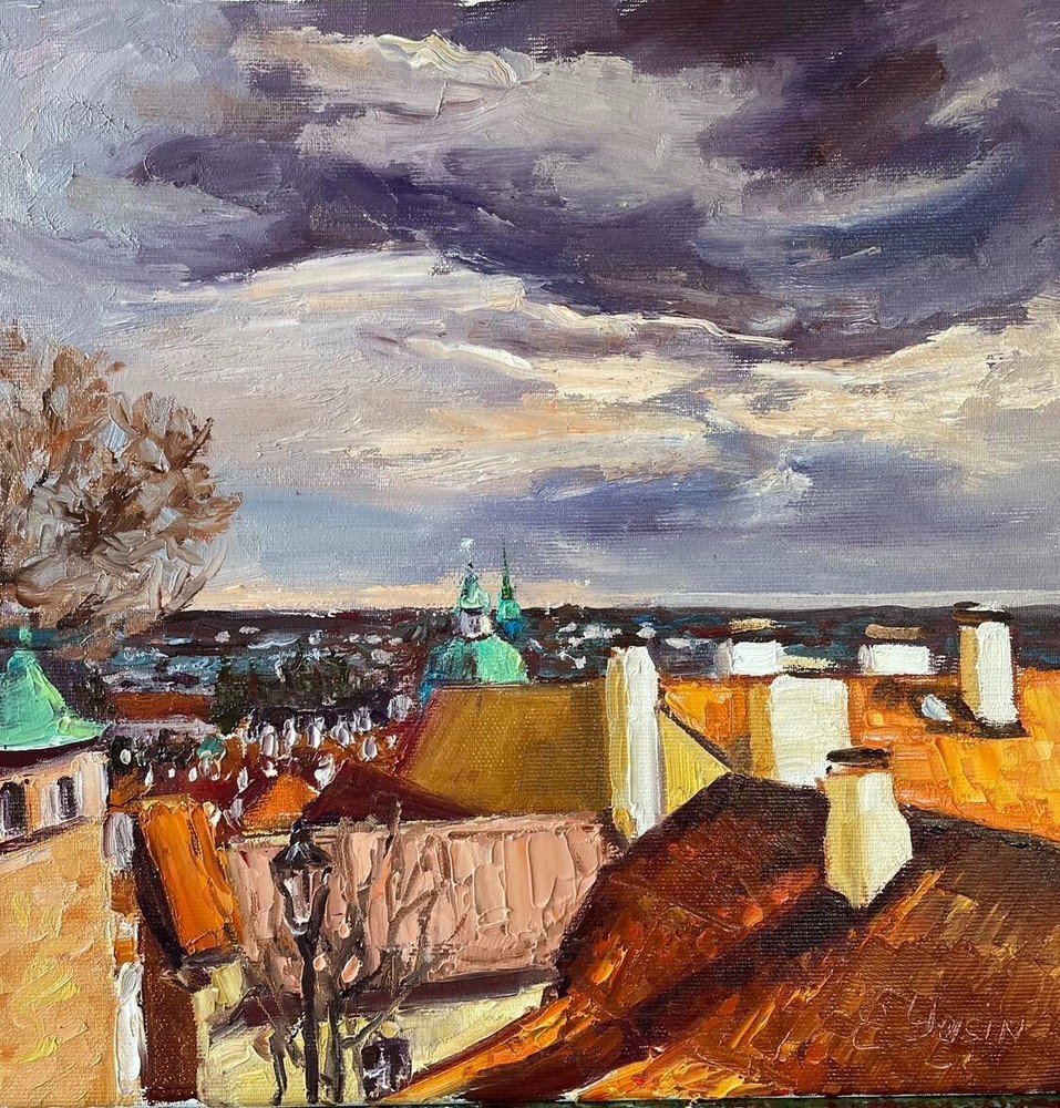Original oil painting Old Prague Cityscape Roofs Urban Modern wall art Canvas