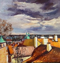 Original oil painting Old Prague Cityscape Roofs Urban Modern wall art Canvas