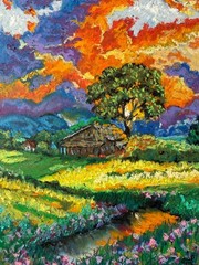 Abstract Landscape Original Art House in the Field Wall Art Oil Pastels Sunset