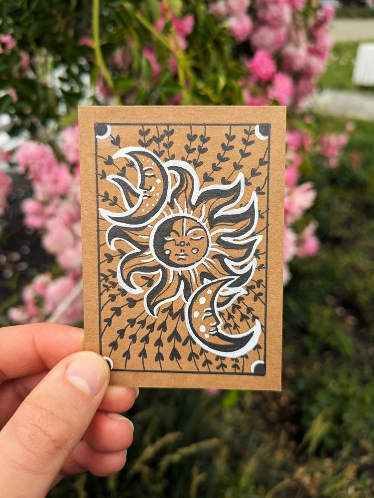 Aceo Original Art Card Ink drawing, Sun Moon, Whimsy Celestial Art, 3.5×2.5 Mini