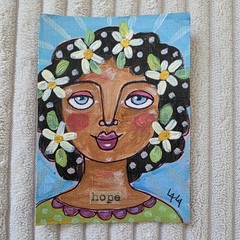 ORIGINAL ACEO Folk Art Painting Girl Woman Hope Flower Portrait Daisy Leaf Flora