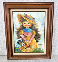 VTG Flower Girl Curious Puppy Oil Framed Painting Canvas Artist Signed Krzmz MCM