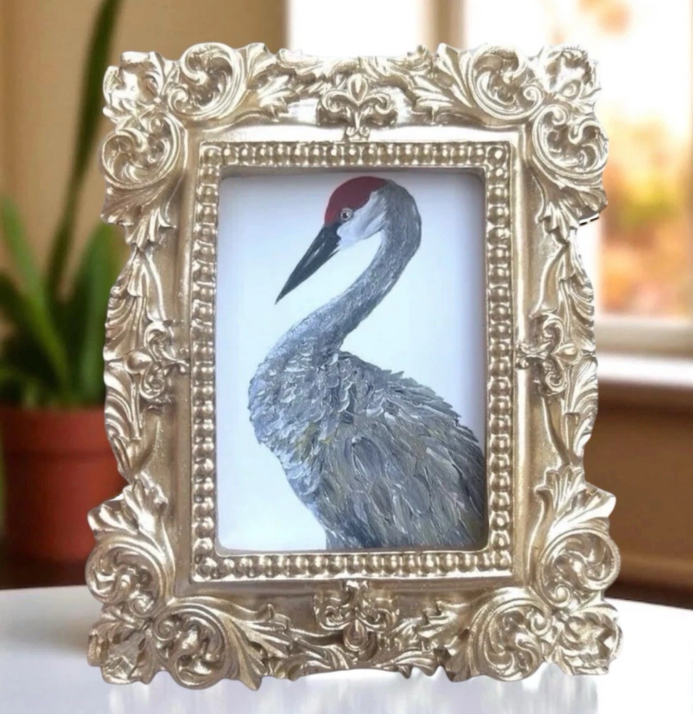 Sandhill Crane miniature art watercolor print in gold vintage style ornate frame