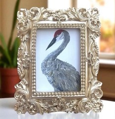 Sandhill Crane miniature art watercolor print in gold vintage style ornate frame
