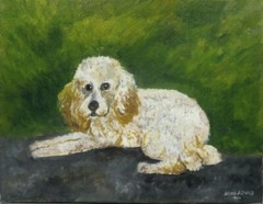 Vintage French Painting Oil, Portrait of a Dog French Poodle, Framed Signed 1998