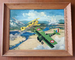 VINTAGE OIL PAINTING ON BOARD WWI MILITARY AIR PLANES IN BATTLE SIGNED