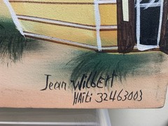 Folk Art Haitian Village Palm Scene Oil Painting on Canvas Signed Jean Wilbert