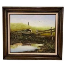 Pat Moore Signed Landscape Painting – Rustic Scene with Boat and Fence – Framed