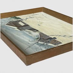 Vintage Folk Art Winter Landscape with Barn and Bare Trees (1977, Oil on Board)