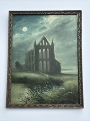 ANTIQUE PAINTING YORKSHIRE ENGLAND MOONLIT NIGHT TIME SIGNED 19TH CENTURY 1880’S