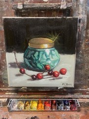 Original Still Life Oil Painting – Emerald Candle Holder By Artist Karen Chan