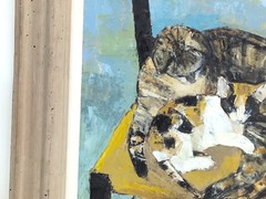 VTG Cat Painting Signed Leslie Randall Oil On Board Mid Century CT Artist 25×24