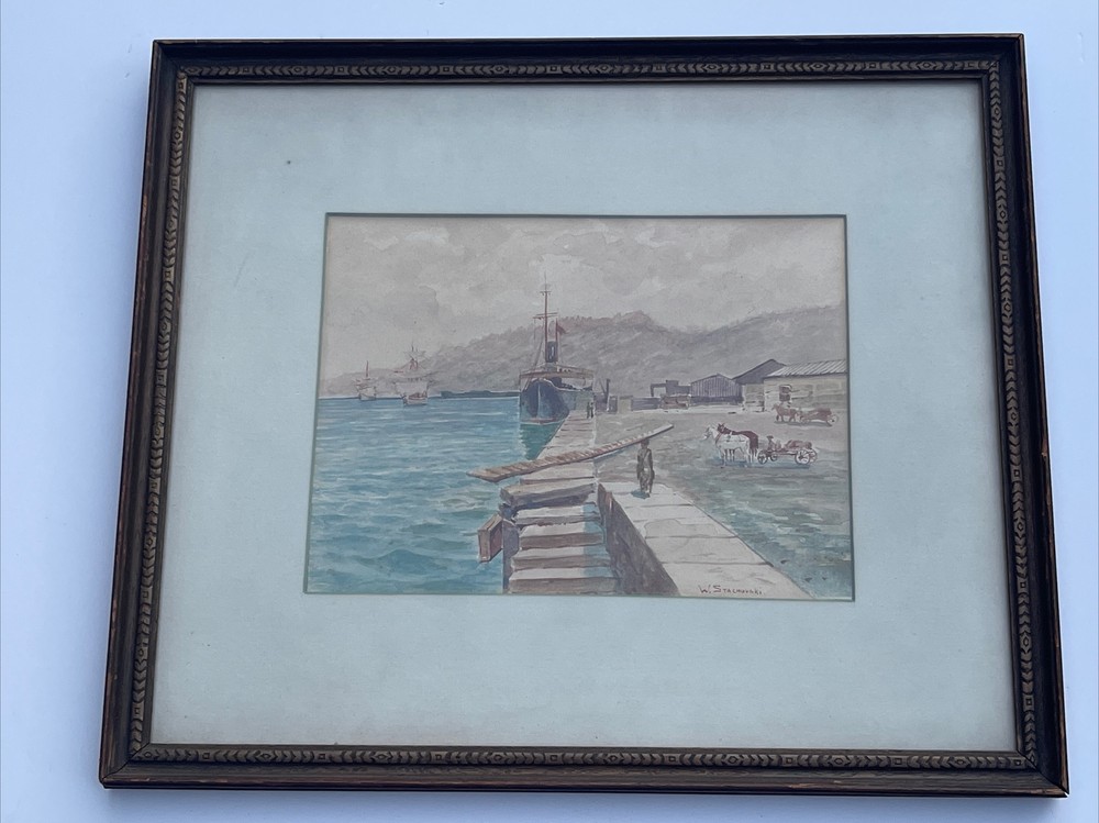 ANTIQUE PAINTING IMPRESSIONISM COASTAL NAUTICAL STACHOVSKI SIGNED PORT MARINA