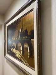 S. Garriga Signed COA Landscape Painting Framed Street Scene Bronze 24×36”