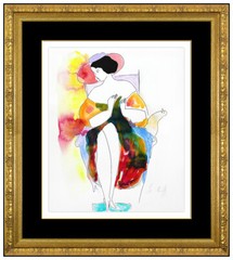 Linda Le Kinff Original Watercolor Painting Signed Female Portrait Cat Framed