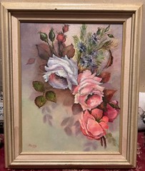 Vintage Oil Painting Floral Still Life Flowers Pink & White Roses Artist Signed