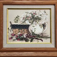 Pat Richter “Bear Paw Prints” Framed Art Flowers Vase Basket Kitchen Decor