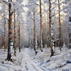 ACEO Card forest in the Winter snow with a logging road running through it