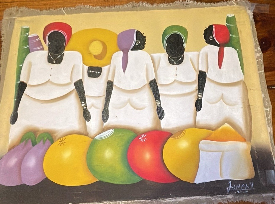Haitian Folk Art Acrylic Painting On Fabric Market Ladies Signed original.