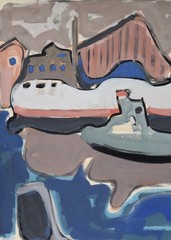 Gerhard Gerd Thelen 1920-1997 Oldenburg / Gouache 1954 Ships Port Shipyard