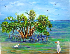 original, impressionist, painting on canvas ,signed, florida keys, island, ocean