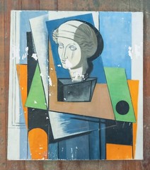Mid-Century Modern Worn Neoclassical Influenced Abstract Painting on Canvas