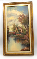 Vintage Gold Framed Oil Painting Cottage By Lake Signed M Webster 16.5X28.5″