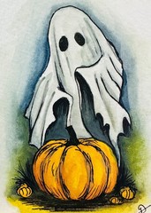 Ghost Pumpkin ACEO Original Watercolor Painting Halloween Spooky Decor Halloween