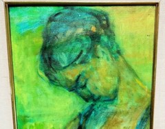 1970s MARY CONSTANZA OIL PAINTING SIGNED MOTHER AND CHILD 20th CENTURY GREEN ART