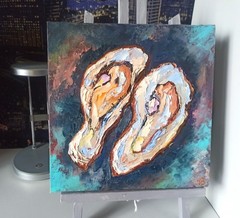 Original Oil Painting on Canvas Board 25x25cm Oysters Still Life Signed Art
