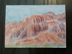 ACEO Snow Canyon Utah Red Mountain 2.5×3.5in Original Watercolor RAMFish Artist