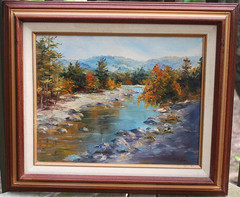 Original Art Painting OIL ON CANVAS Signed M.BAKER Framed AUTUMN MOUNTAIN STREAM