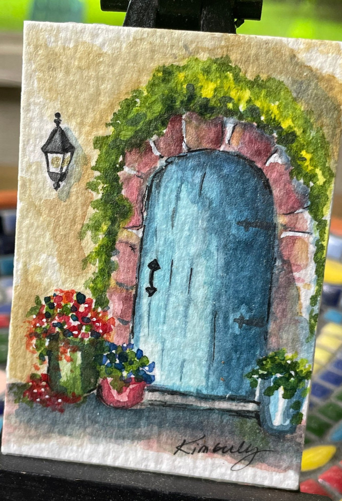 ACEO Original Blue Front Door, Cottage, Flowers, Watercolor by Kimberly Tyson