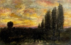 19th c. American School Tonalist Oil Painting Landscape Sunset Poplars Barbizon
