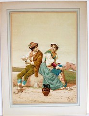 FILIPPO INDONI 1842-1908 ANTIQUE WATERCOLOR CARDBOARD SIGNED COURTSHIP ITALIAN