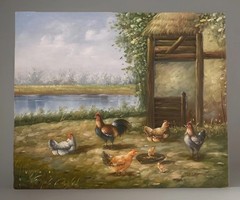 Vntg Original Oil Painting Rooster Chickens Farm Life Lake 24” X 20” Free Ship!