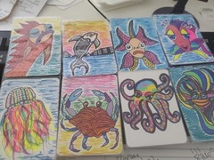 Set Of 8 ACEO ART CARDS ORIGINALS Fish Jellyfish Crab Octopus Whale Painting